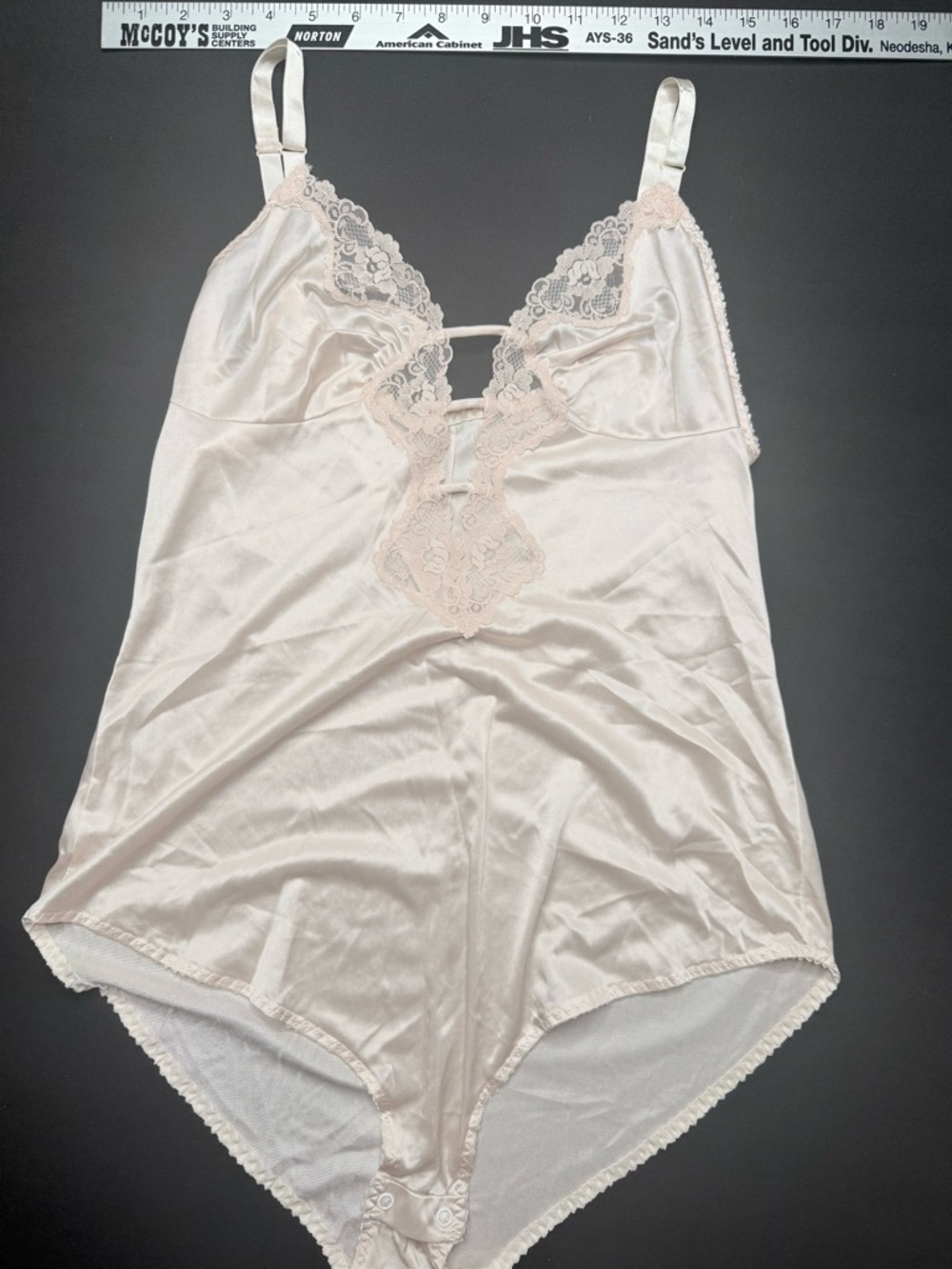 Vintage Lace-Trim Satin Bodysuit - Pale Blush